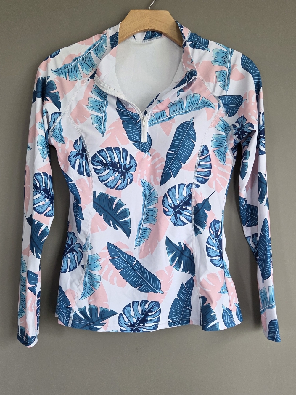 Women's Rash Guard Swim Top Pink & Teal Tropical Zip-Up